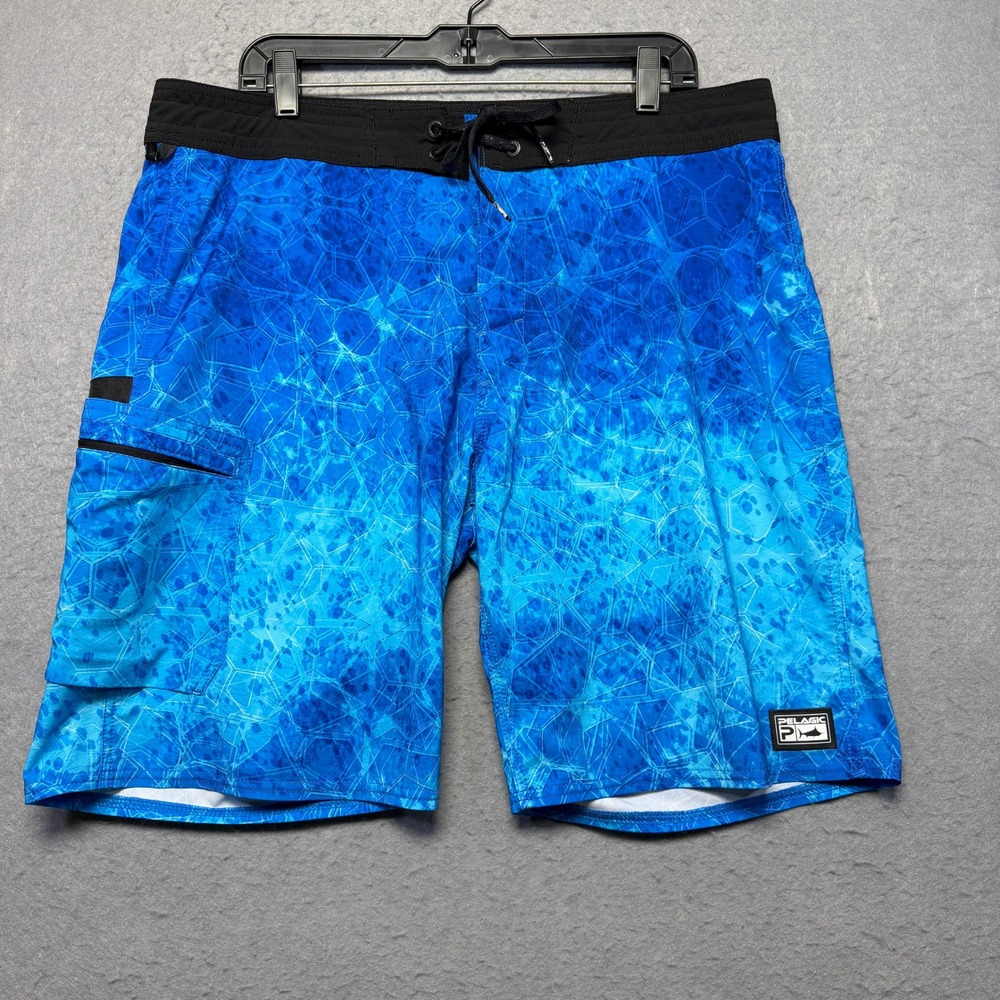 Pelagic High Performance Blue Geometric Board Shorts Mens 36 Fishing Swim Trunks